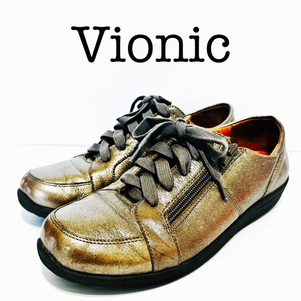 Vionic Abigail Pewter Metallic Lace Up Sneakers Size 8